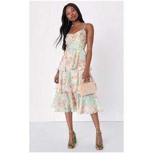 Lulus Women's NWT Darling GreenFloralPrint Tiered Midi Dress SzS